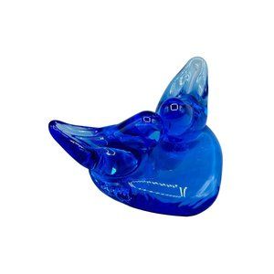 Vintage Pair Glass Blue Birds of Happiness Heart Paperweight Signed Ron Ray 1992